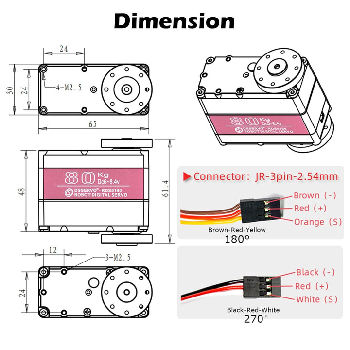 RDS5180 80kg Digitaler Metall-Roboter-Servomotor mit hohem Drehmoment Doppelwellen-Roboter-Servoarm