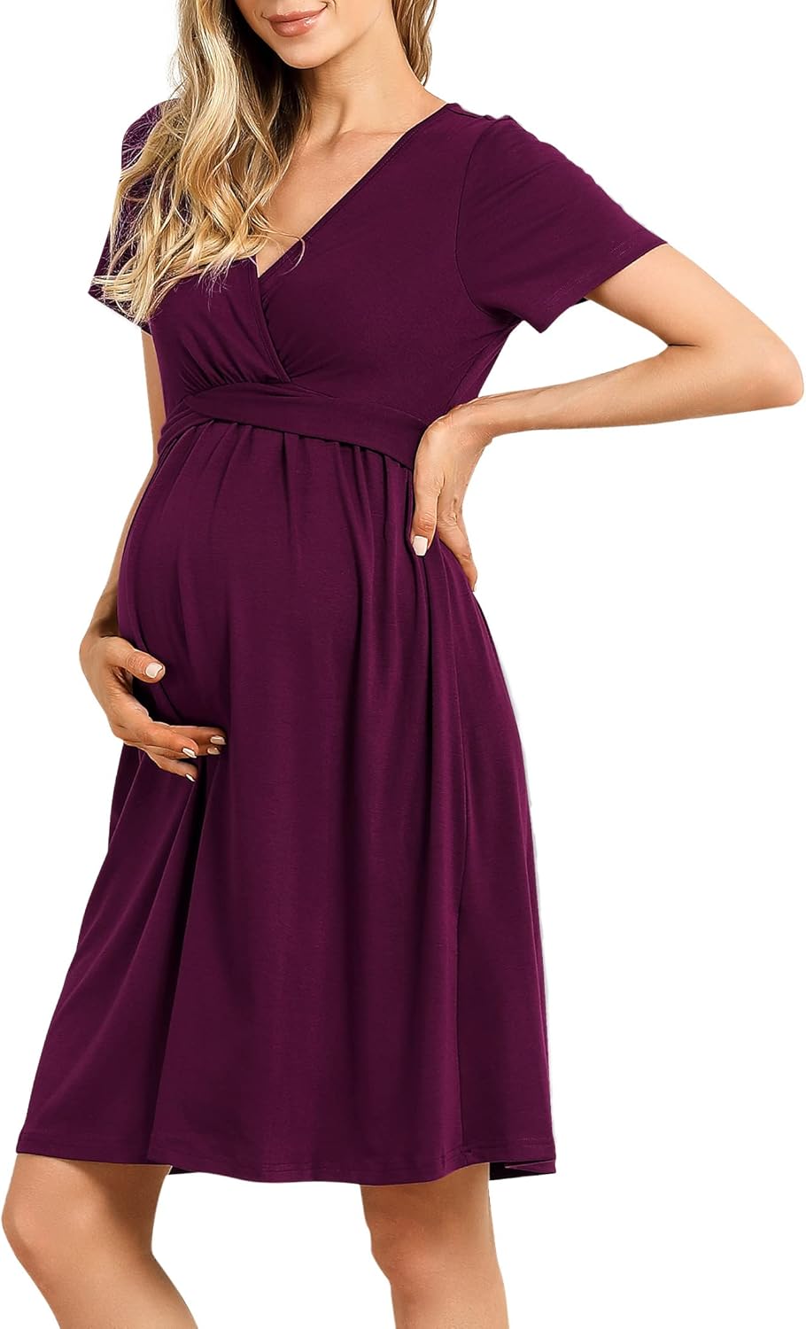 KOJOOIN Damen Umstandskleid V-Ausschnitt Stillkleid Casual Falten Schwangerschaftskleid(Verpackung M