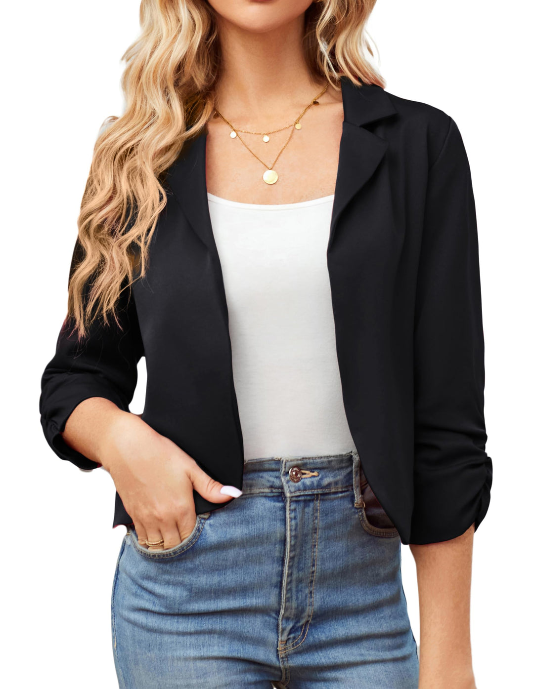 GRACE KARIN Damen Leicht Cropped Blazer Business Blazerjacke Casual Offene Blazer 3/4 Ärmel kurz Arb