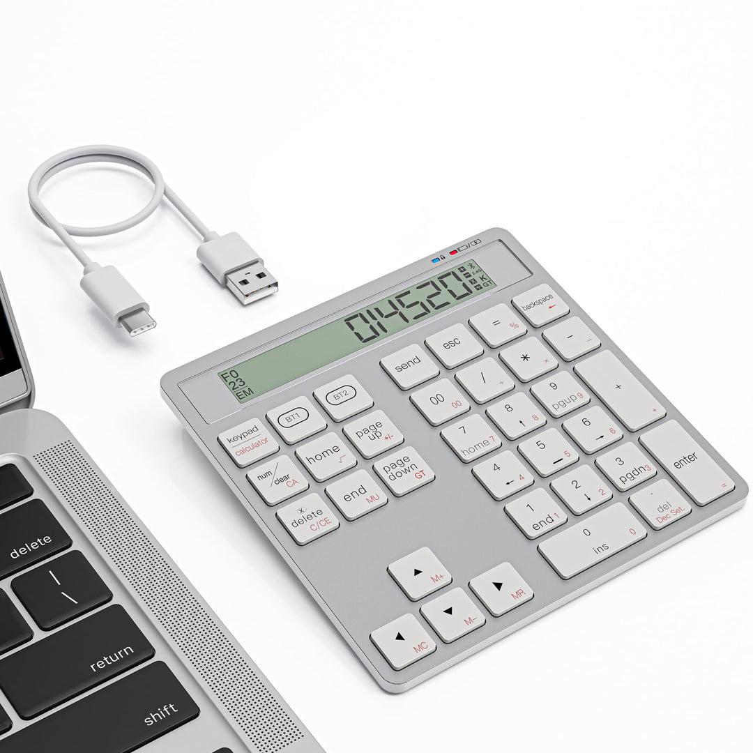 Wiederaufladbares 2-in-1 Ziffernfeld mit Bluetooth & USB, 34 Tasten mit Rechner-Display, schlank & p
