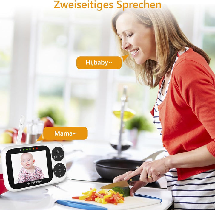 HelloBaby Babyphone mit Kamera, Ohne WLAN, 3,2-Zoll-IPS-Bildschirm, Nachtsicht, Schwenken, Neigen Zo