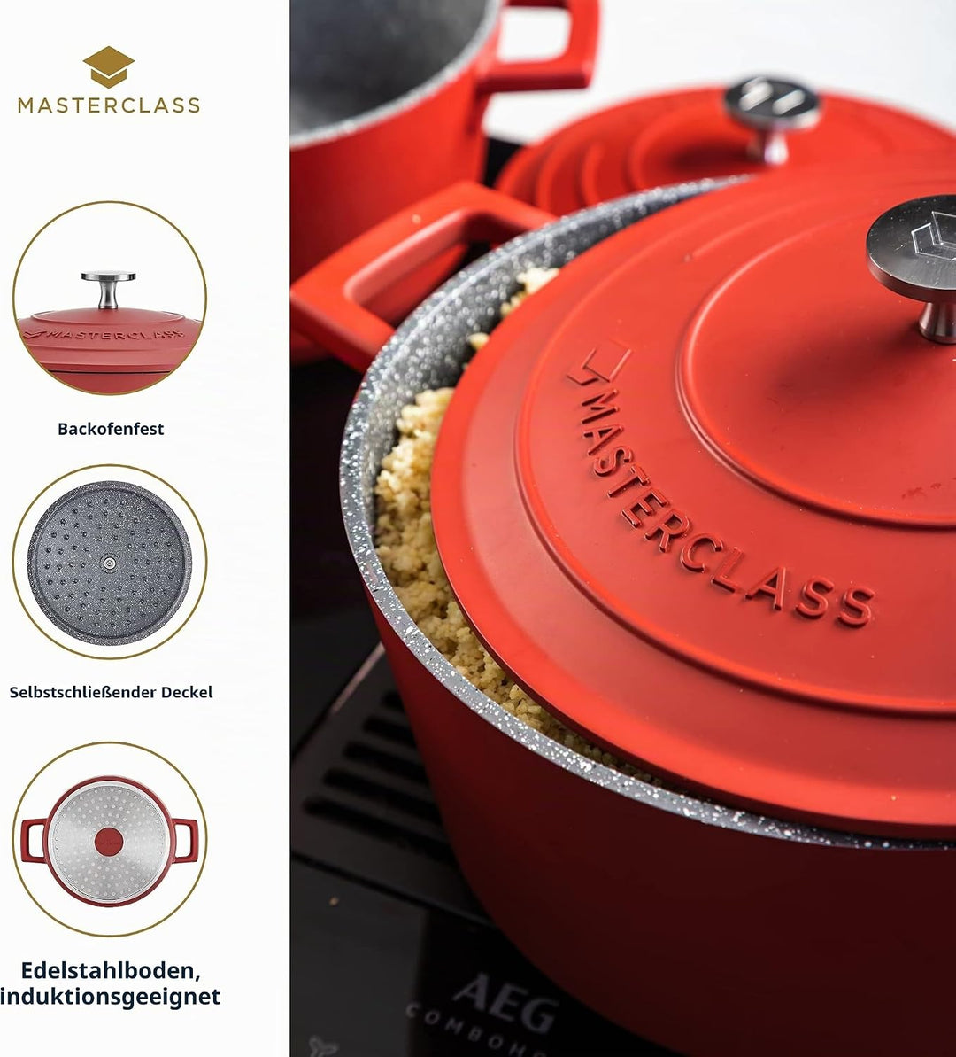 MasterClass Auflaufform mit Deckel, gross 5L/28cm, leichter Aluminiumguss, Induktionsherd und ofenfe