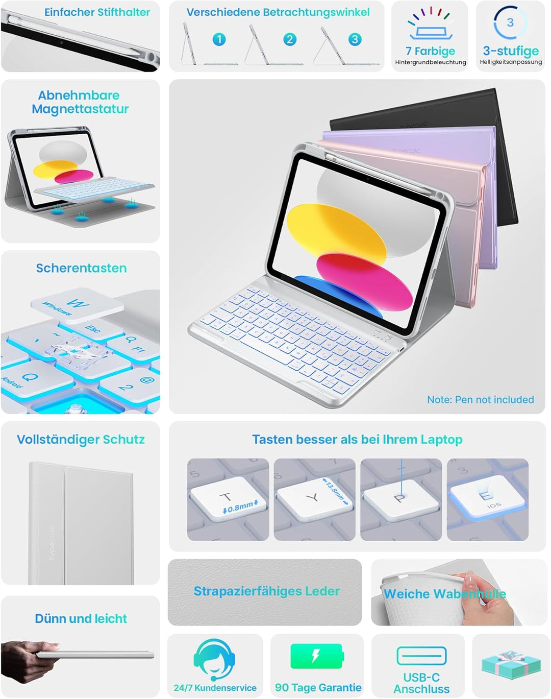 typecase Hülle mit Tastatur für iPad A16 11/10 Generation((2025/2022, 11/10.9 Zoll),7-farbige Beleuc