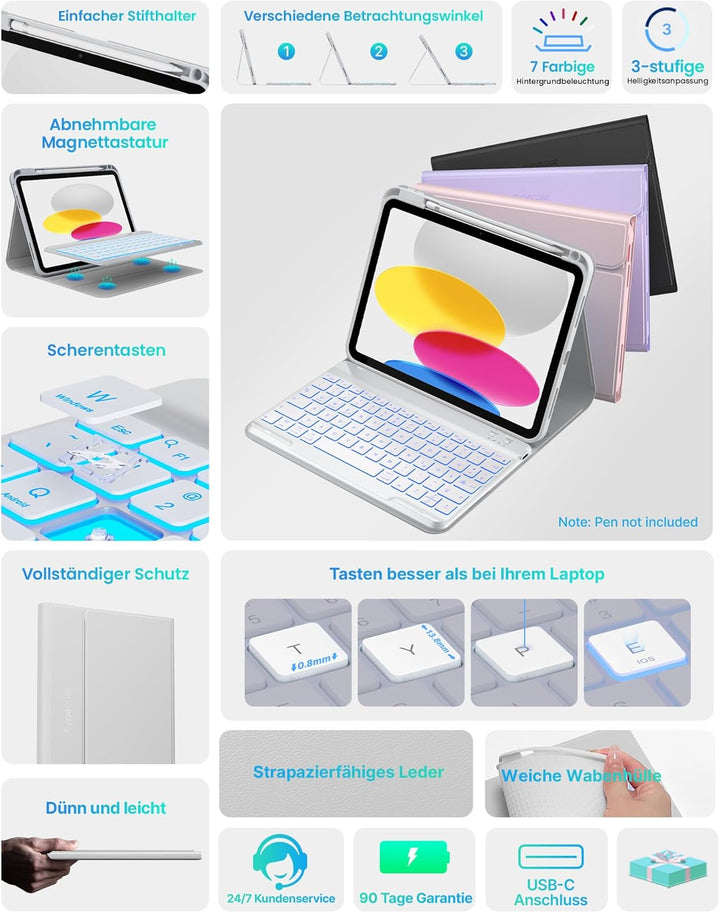 typecase Hülle mit Tastatur für iPad A16 11/10 Generation((2025/2022, 11/10.9 Zoll),7-farbige Beleuc