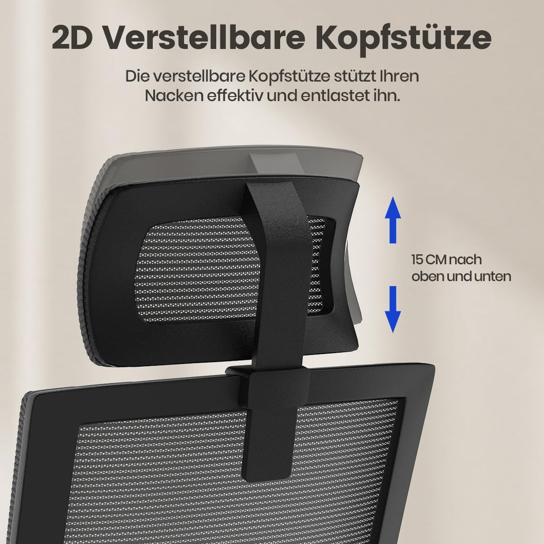 naspaluro Bürostuhl Ergonomisch, Schreibtischstuhl mit Verstellbarer Kopfstütze, Hochklappbaren Arml