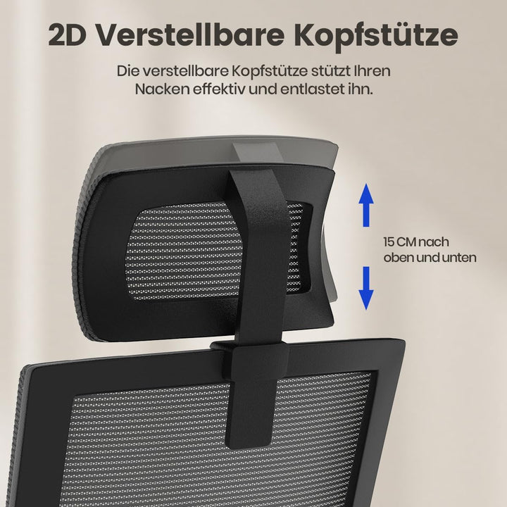 naspaluro Bürostuhl Ergonomisch, Schreibtischstuhl mit Verstellbarer Kopfstütze, Hochklappbaren Arml
