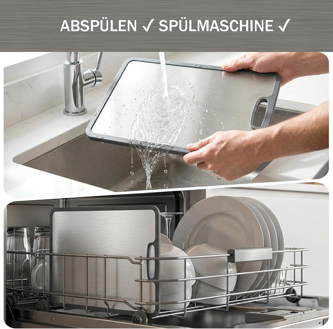 3 Stück Schneidebrett Titan Set, Schneidebrett Edelstahl mit Rutschfesten Silikonecken, Doppelseitig