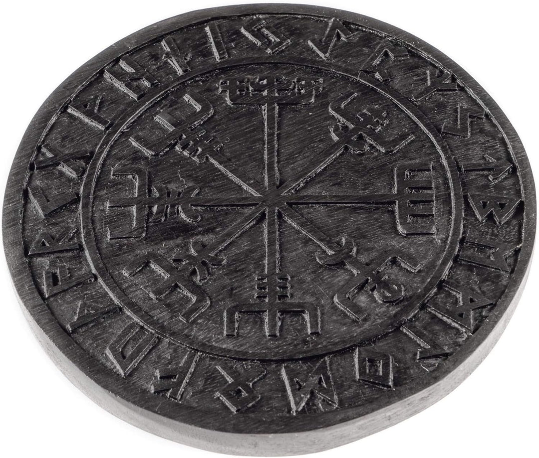 Windalf Schwarzes Vikings Holzbild Vegvisir Ø 23 cm Wikinger Kompass Futhark Handarbeit aus Holz