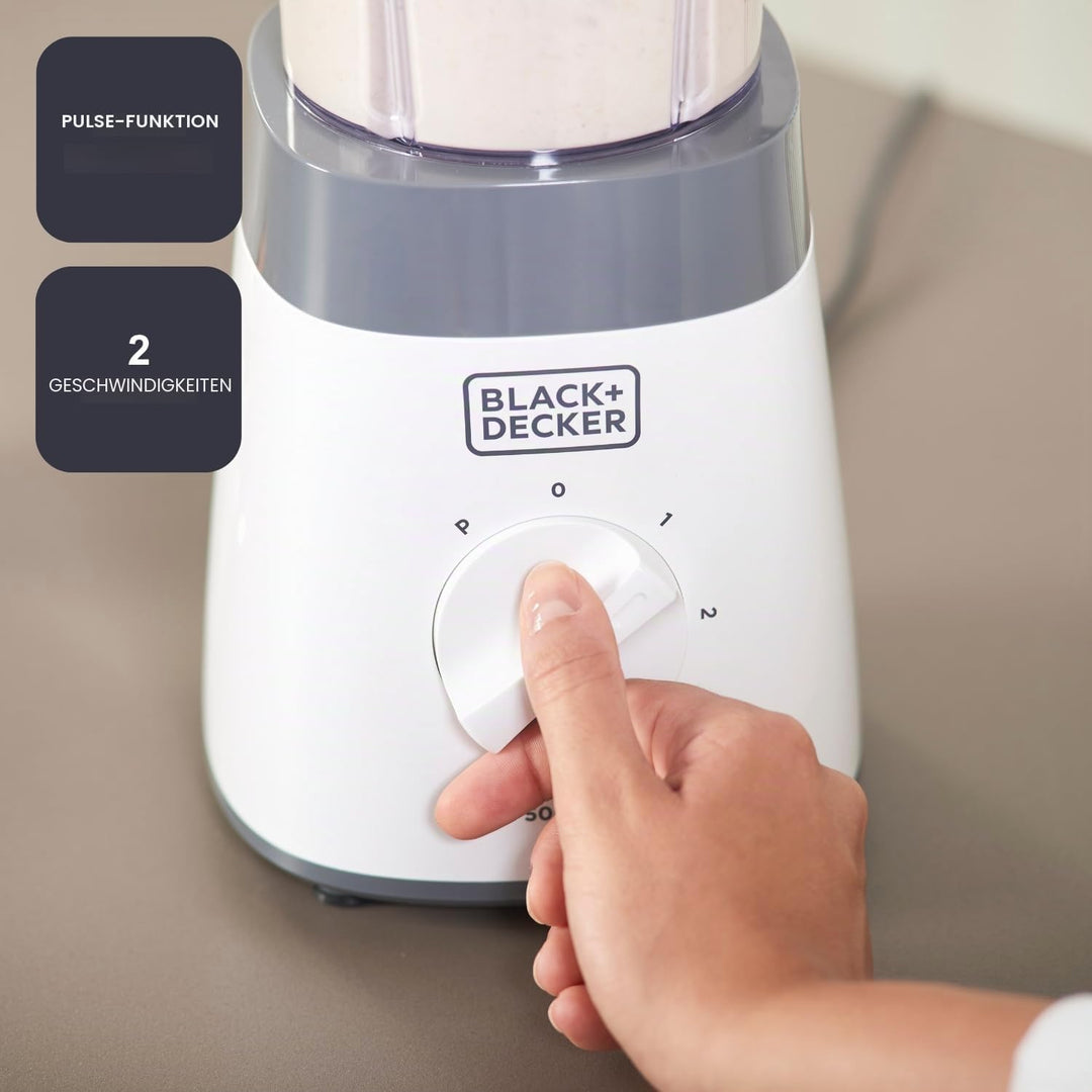 BLACK+DECKER Standmixer | 500W | 2 Geschwindigkeiten | Pulse-Funktion | Glaskrug | 1,5L | Edelstahlm