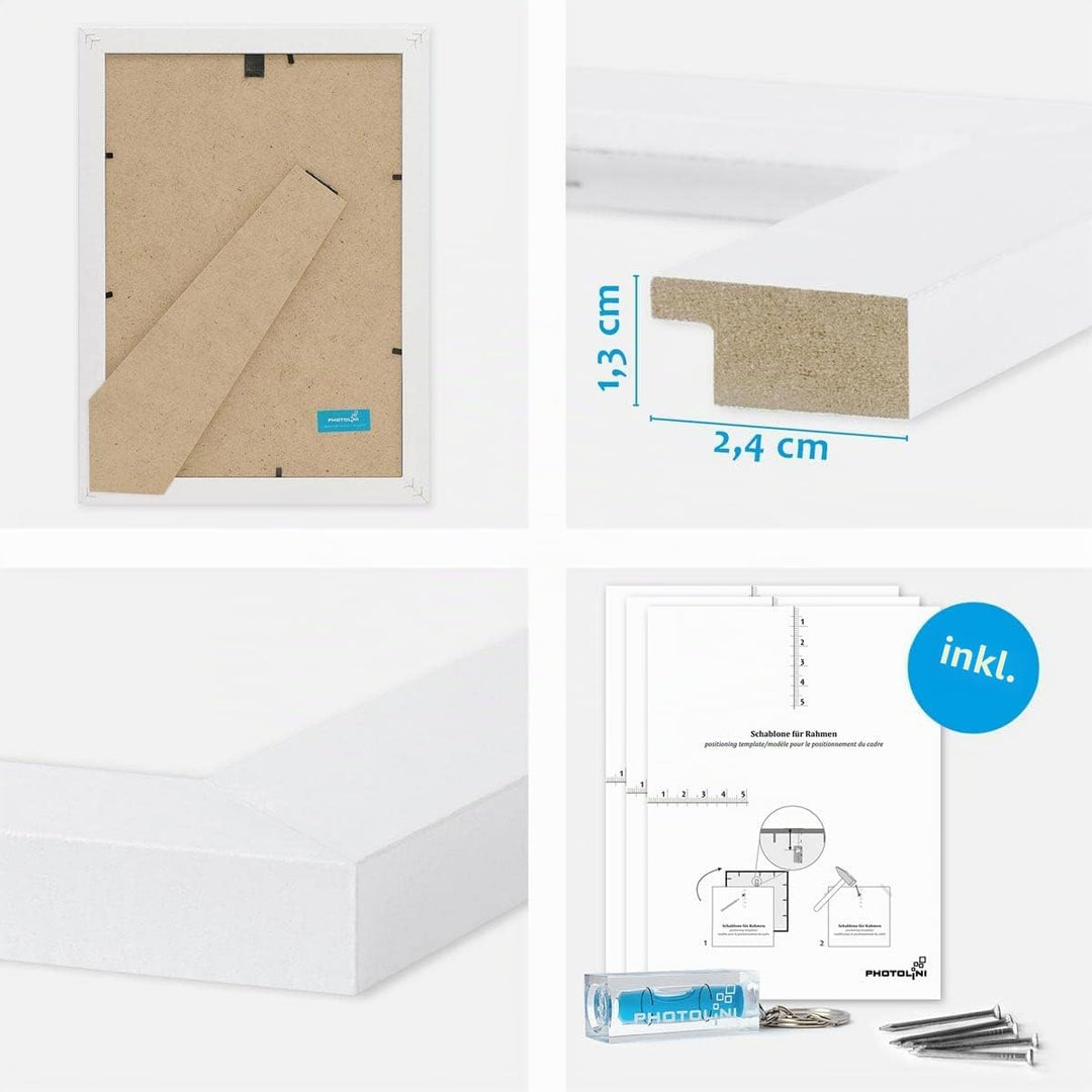 PHOTOLINI Bilderrahmen-Set Weiss MDF-Holz, breite Rahmen, 10er Rahmenset, modern, bruchsicheres Acry