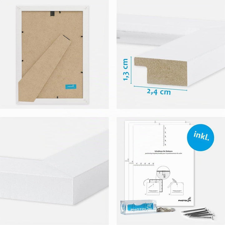 PHOTOLINI Bilderrahmen-Set Weiss MDF-Holz, breite Rahmen, 10er Rahmenset, modern, bruchsicheres Acry