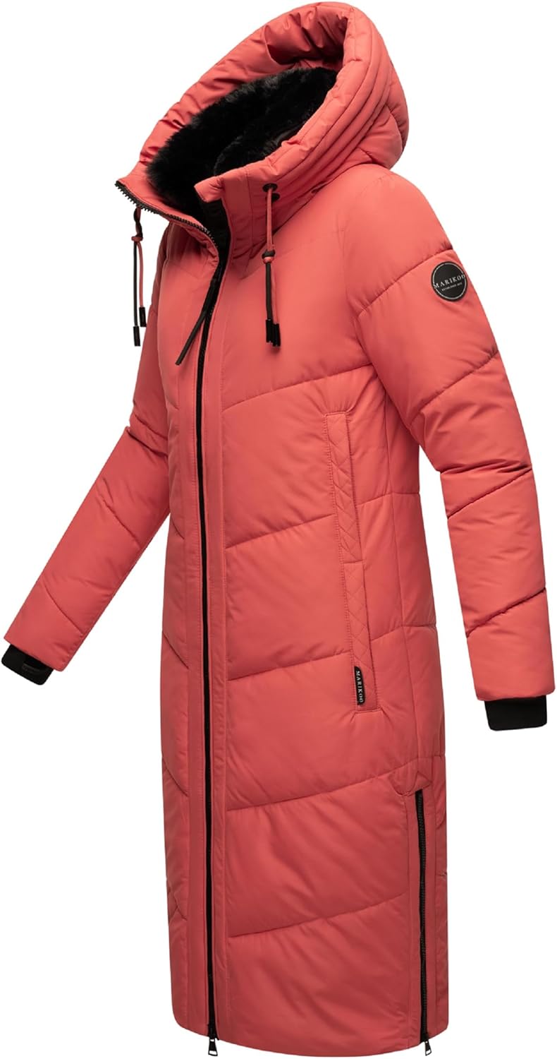 MARIKOO Damen Wintermantel Warmer Steppmantel lang mit Kapuze und abnehmbarem Kunstfellkragen Nadare