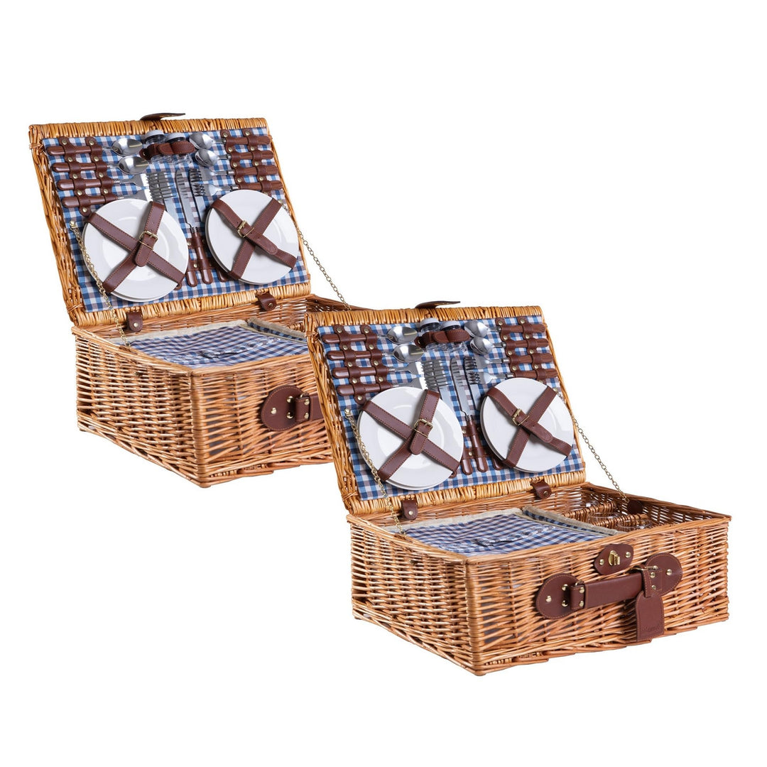 2 Handgefertigte Picknickkörbe für 4 Personen mit Kühlfach, Edelstahlbesteck, Porzellanteller, Weing
