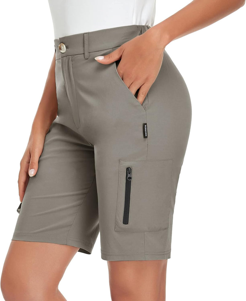 Soneven Stretch Damen Bermuda Shorts High Waist Leichte Cargo Shorts Wanderhose Kurz Zip Off mit Rei