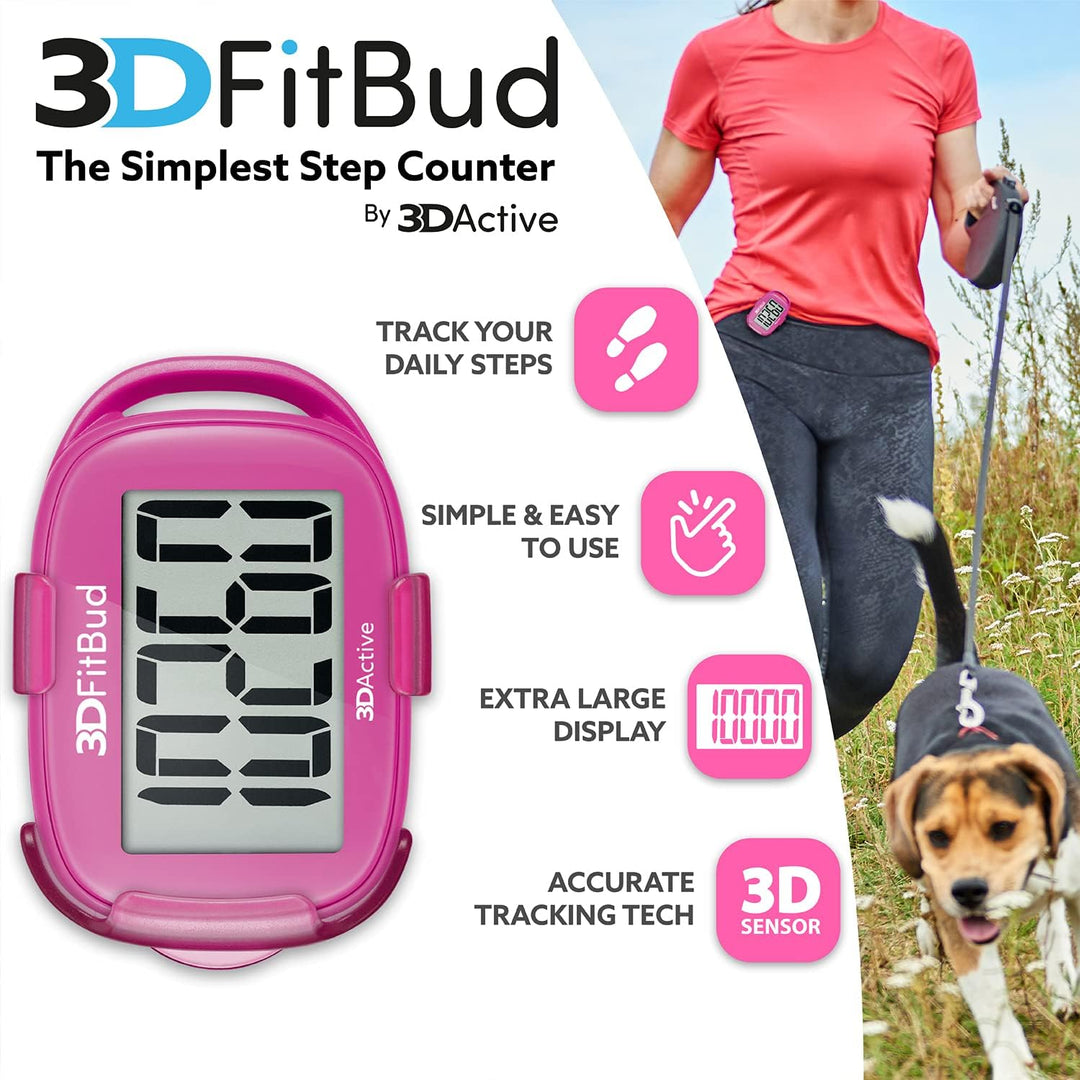 3DFitBud Einfacher Schrittzähler Walking 3D Schrittzähler mit Clip und Umhängeband, A420S Pink, Pink