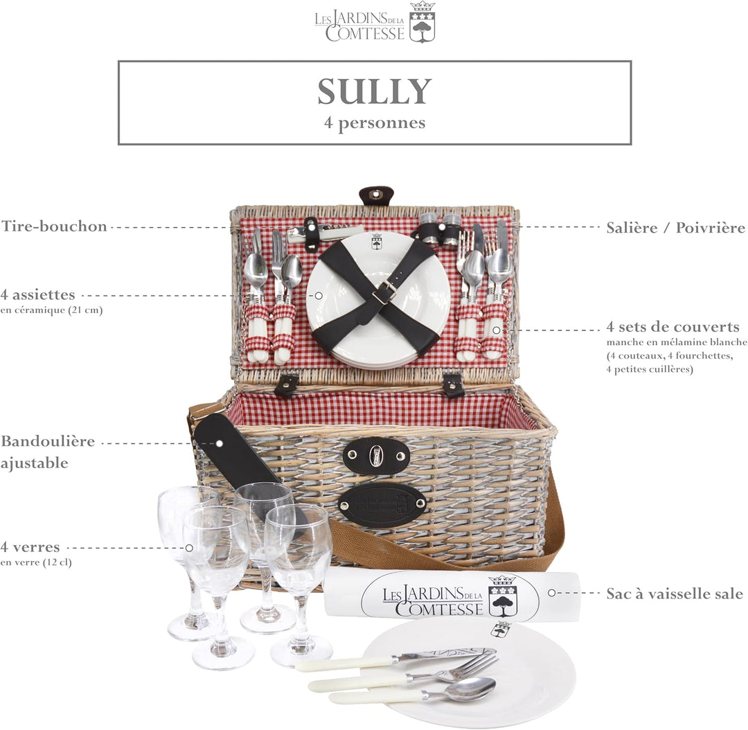 Les Jardins de la Comtesse - Picknickkörb aus Weidengeflecht Sully, für 4 Personen, Vichy-Muster, 40