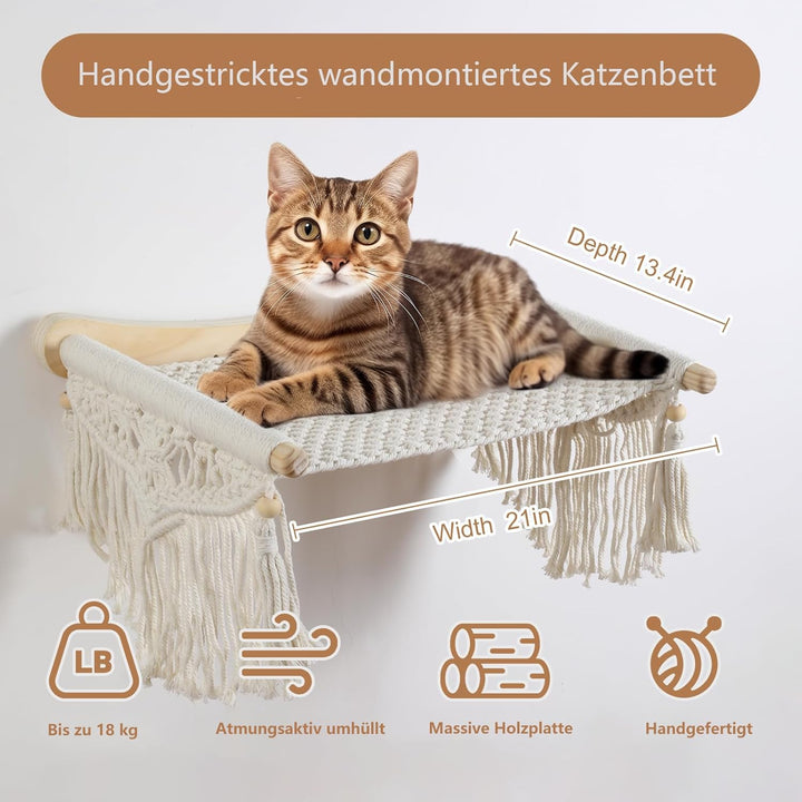 Makramee-Katzen-Wandregal & Hängematte - Gemütliche Katzenbetten mit Fensterplatz für Indoor-Spass,