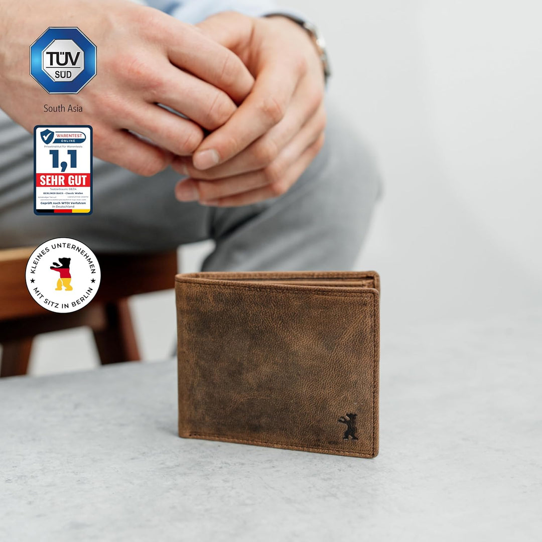 Berliner Bags Herren Leder Geldbörse, Männer Portemonnaie mit RFID Schutz mit Münzfach - Braun ohne