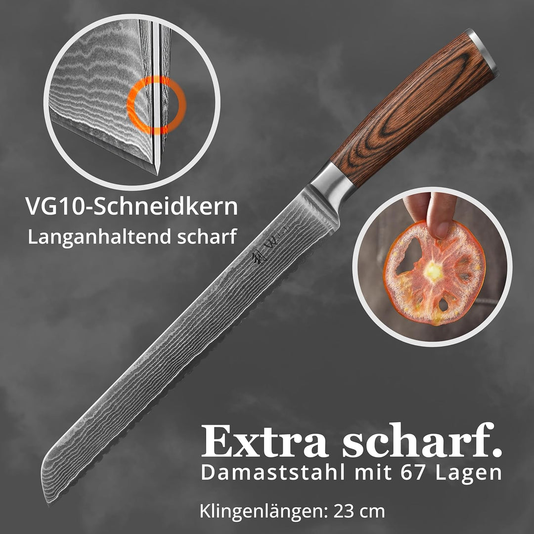 Wakoli EDIB Brotmesser Wellenschliff aus echtem Damaststahl (VG10 Kern) mit 23cm Klinge – Scharf & e