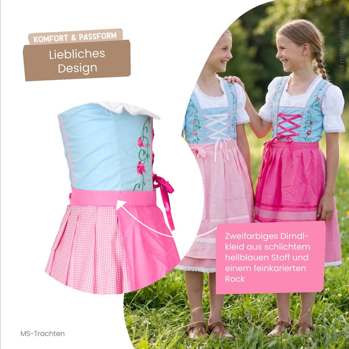 MS-Trachten Kinder Dirndl Kinderdirndl Trachtenkleid Elise rosa hellblau pastell 3 teilig 116 Dunkel