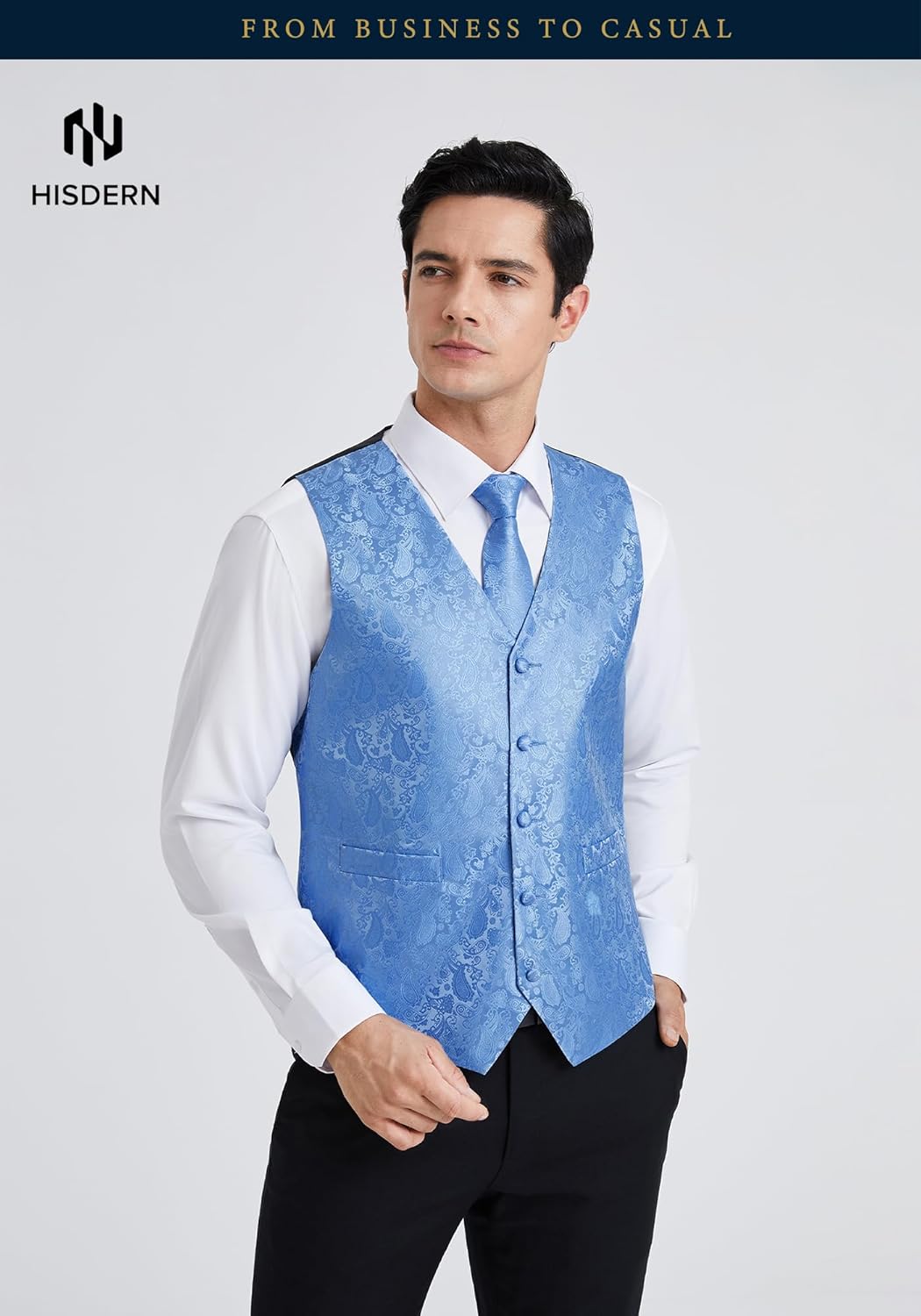 HISDERN Herren Weste Paisley Floral Jacquard Krawatte Einstecktuch Taschentuch Weste Anzug Set S Hel