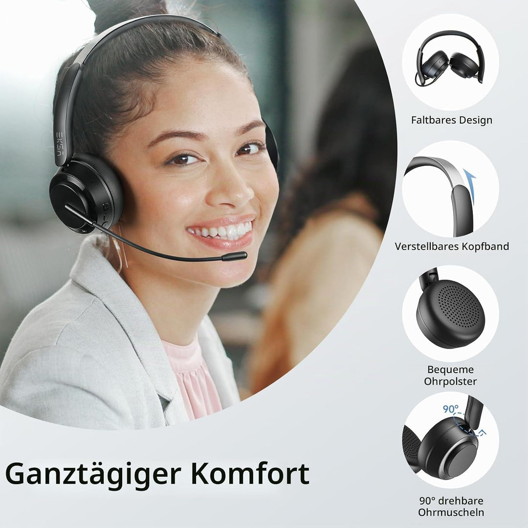 EKSA H35 Bluetooth Headset, Wireless Headset mit Mikrofon, [25 Stdn Spielzeit &amp; 169g Ultraleichtes]