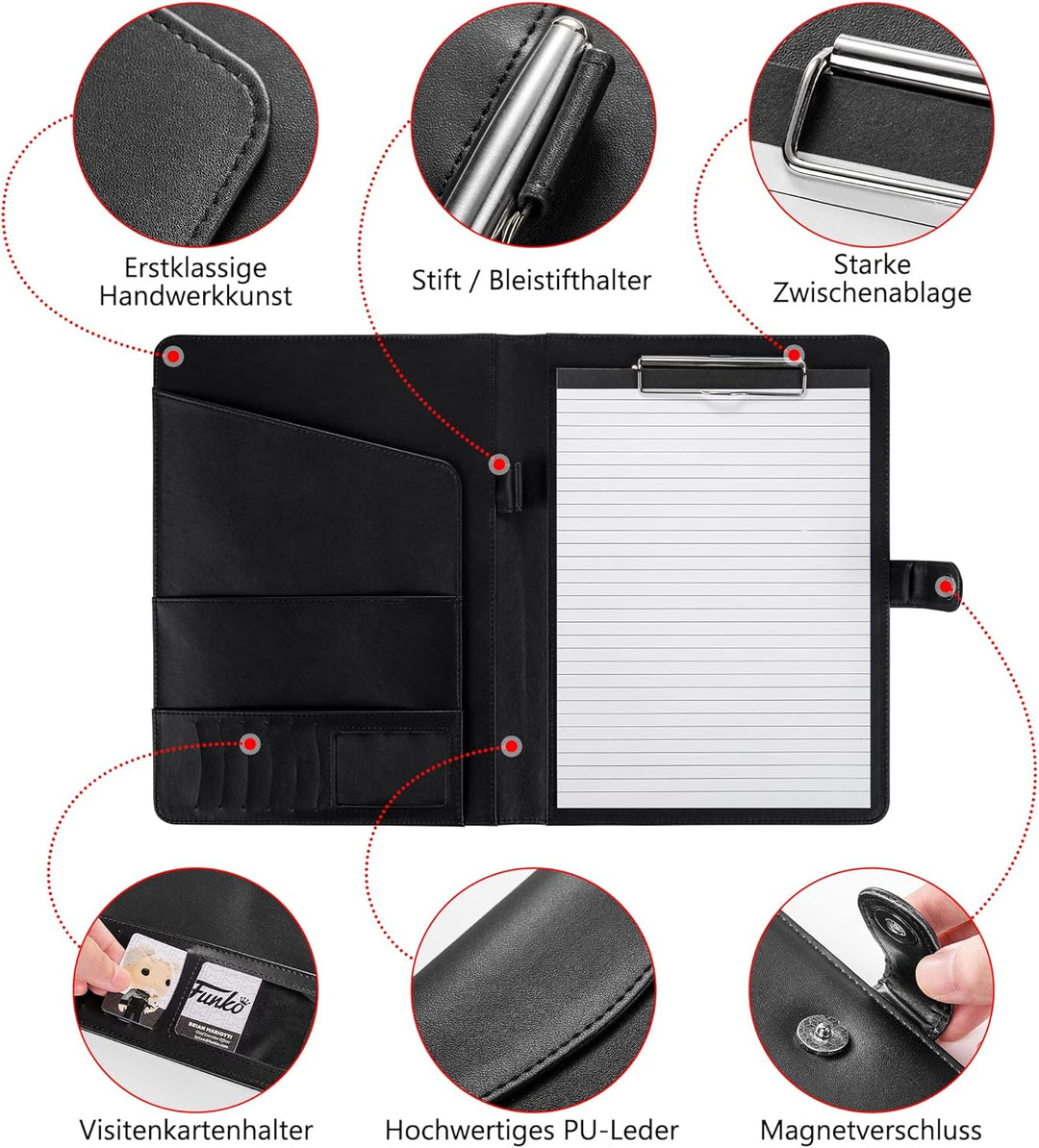 AMKSONS Schreibmappe A4 in Schwarz inklusive Klemmbrett & DIN A4 Notizblock - Premium Konferenzmappe