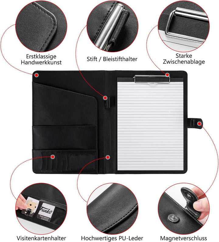 AMKSONS Schreibmappe A4 Schwarz – Business Pack (5 Stück) | Ideal für Grossabnehmer – PU-Leder Konfe