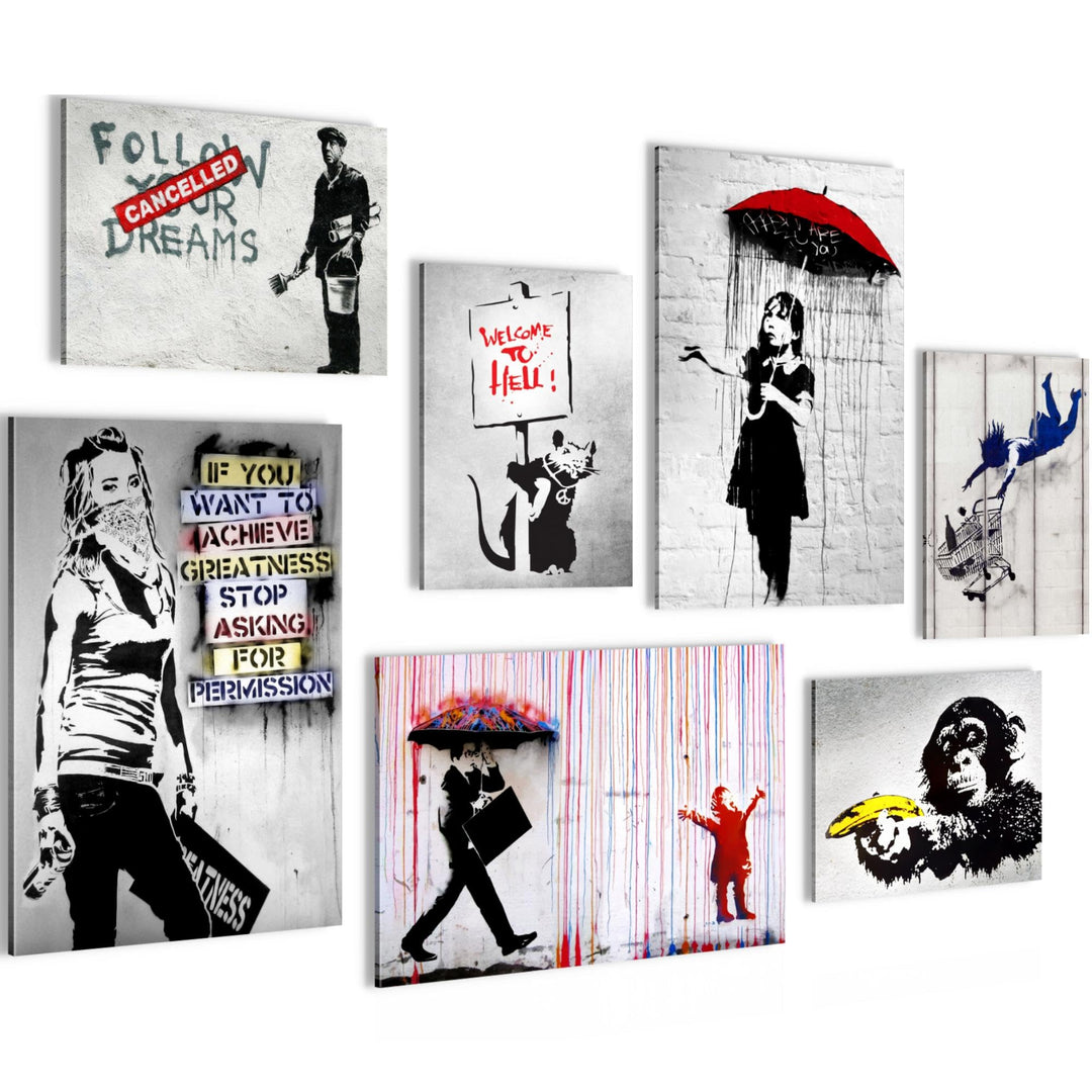 Novart Wandbilder Banksy Collage - KOMPLETT AUFHÄNGFERTIG - Street Art Wohnzimmer Büro Loft - 7 Mode