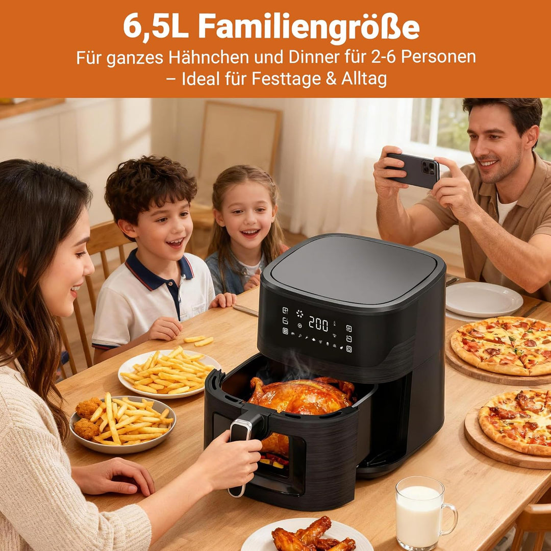 Heissluftfritteuse 6,5L Airfryer XL mit Sichtfenster & Touchscreen, 1600W Fritteuse ohne Fett, 8 Pro