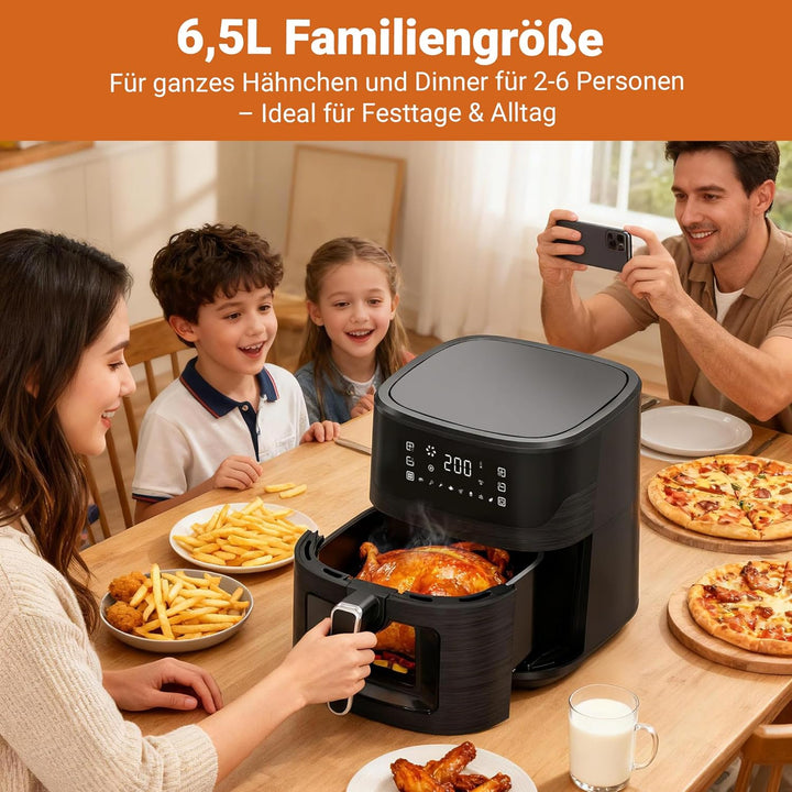 Heissluftfritteuse 6,5L Airfryer XL mit Sichtfenster & Touchscreen, 1600W Fritteuse ohne Fett, 8 Pro