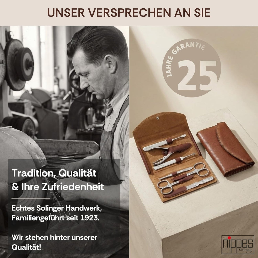 nippes Solingen Classic Premium-Maniküre Set, 7-teilig, Echtes Rindsleder-Nageletui, braun, Edelstah