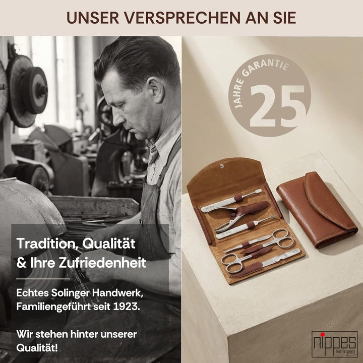 nippes Solingen Classic Premium-Maniküre Set, 7-teilig, Echtes Rindsleder-Nageletui, braun, Edelstah