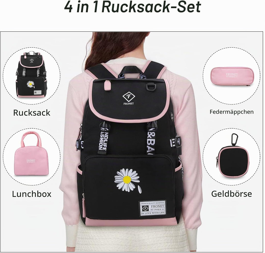 Schulrucksack Mädchen Teenager Schulranzen, Schultaschen-Set 4-in-1 mit Lunch Taschen Federmäppchen