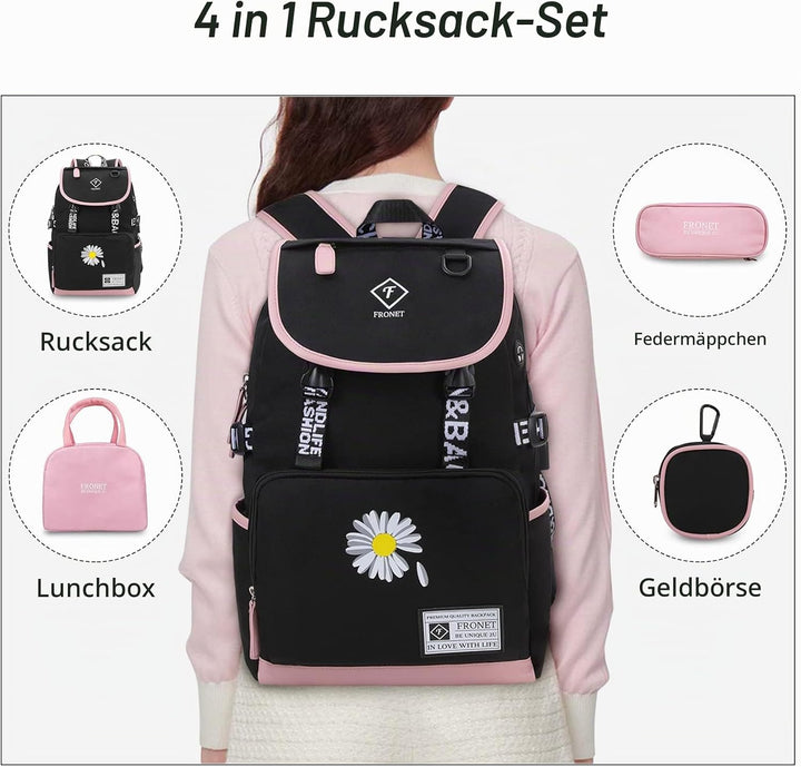 Schulrucksack Mädchen Teenager Schulranzen, Schultaschen-Set 4-in-1 mit Lunch Taschen Federmäppchen