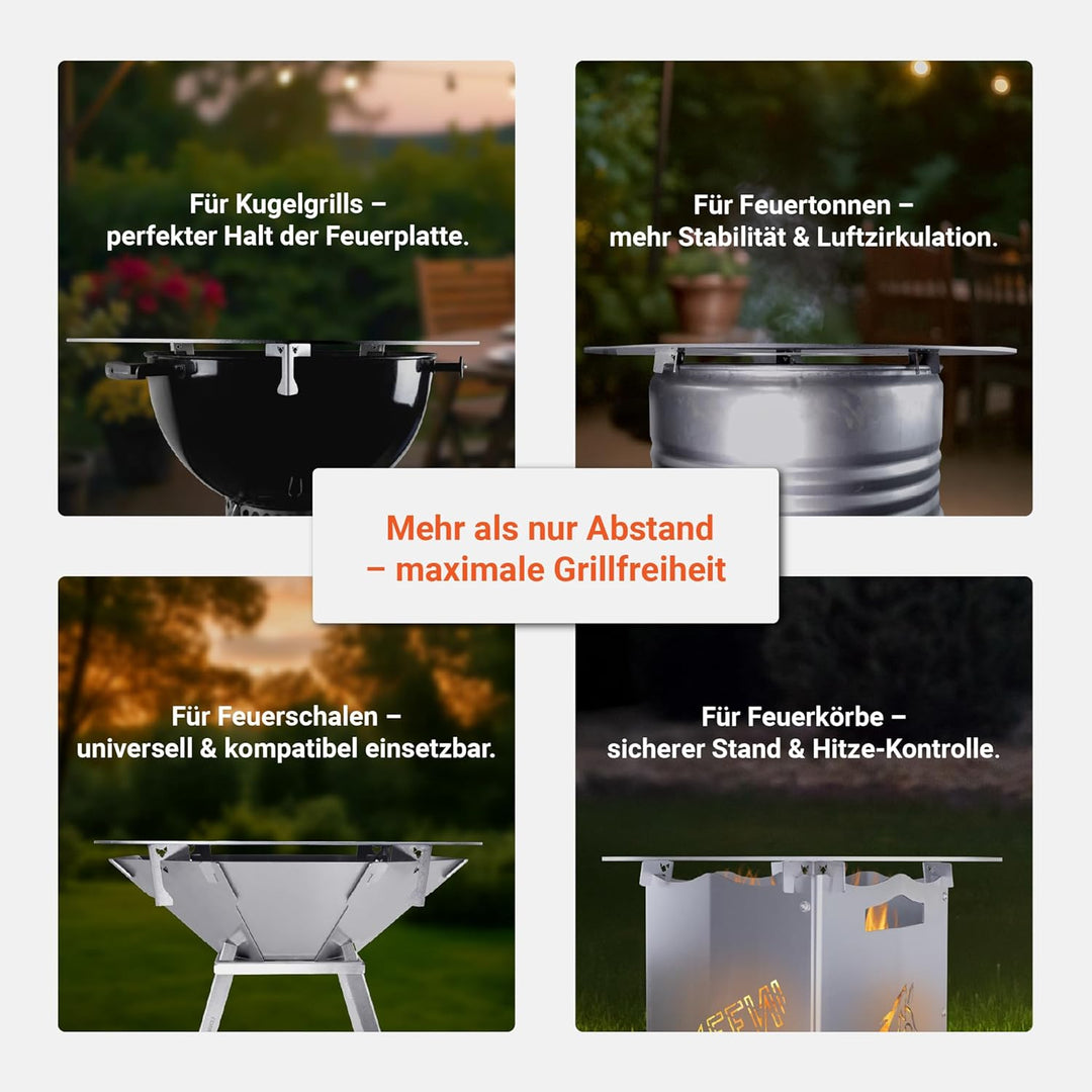 FENNEK Universal Abstandshalter 4er Set für Feuerplatten | Für Feuertonne, Feuerschale & Kugelgrill