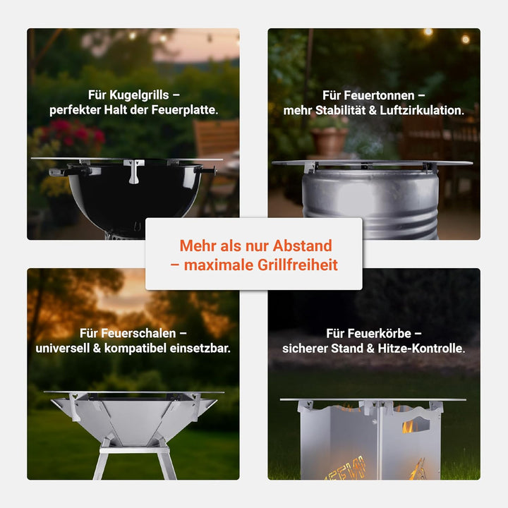 FENNEK Universal Abstandshalter 4er Set für Feuerplatten | Für Feuertonne, Feuerschale & Kugelgrill