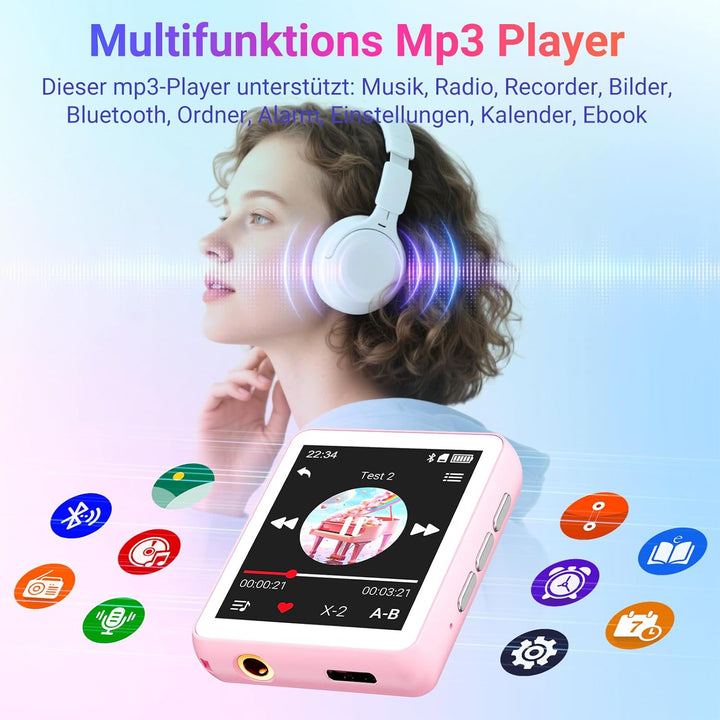 MP3-Player mit Bluetooth, 128GB Musik-Player, eingebauter Lautsprecher und FM-Radio, 1,8 Zoll Mini T