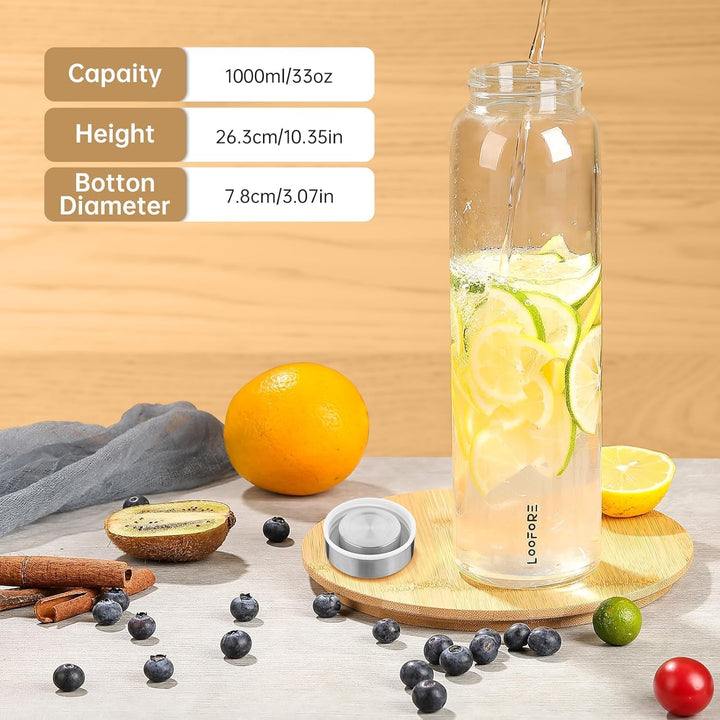 Glasflasche 1 liter / 1l, Wasserflasche Glas 1000ml inkl. Neoprenhülle, BPA freie, Trinkflasche Spül