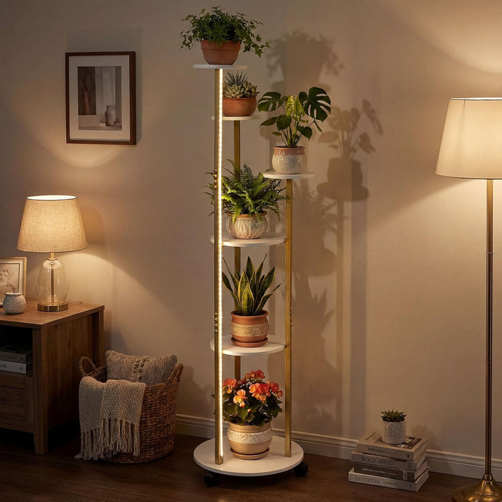 COSTWAY Blumenständer, 6-stufiges Pflanzenständer mit LED-Beleuchtung & Rollen, Pflanzenregal Outdoo