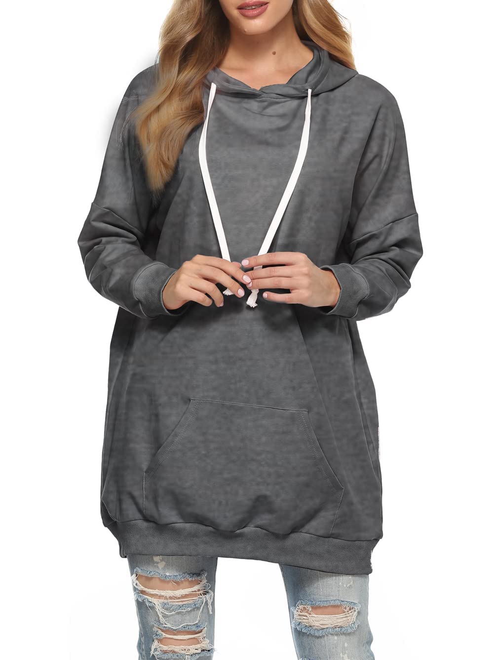Famulily Damen Oversized Hoodie Kleid Baumwolle Lang Sweatshirt mit Kapuze Einfarbige Kapuzenpullove