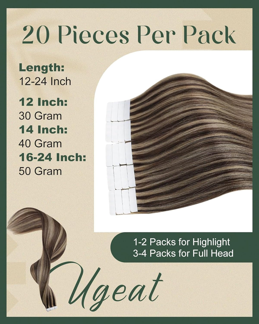 Ugeat Hair Extensions Echthaar Tape Haarverlängerung mit Band 35cm Gesträhnt Dunkelbraun mit Karamel