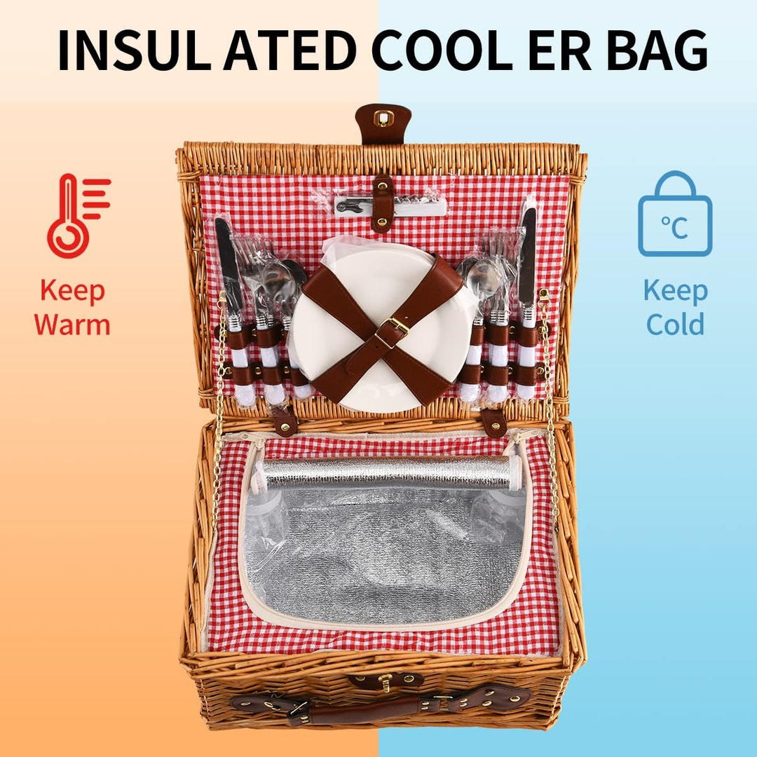 EIRONA Willow Hamper Picknickkorb für 4 Personen mit isoliertem Kühlfach und wasserdichter Decke, Be