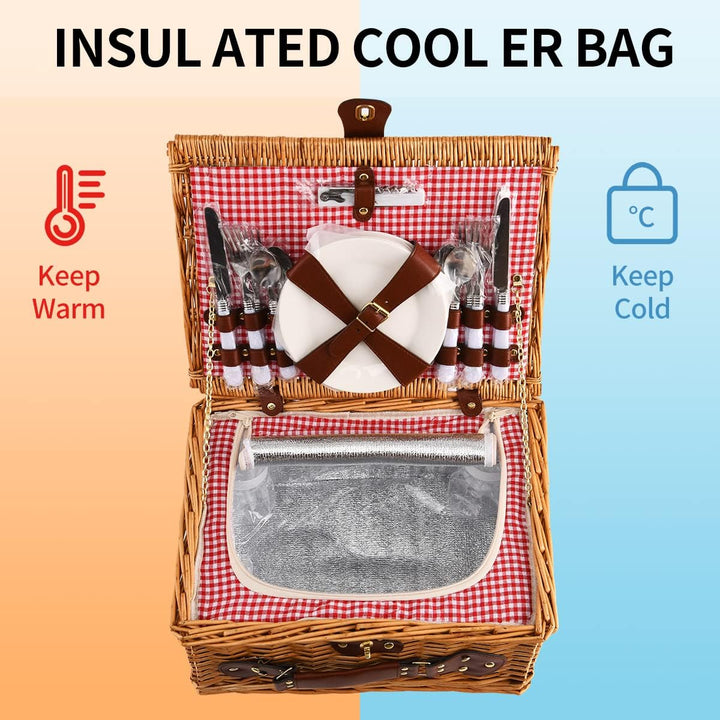 EIRONA Willow Hamper Picknickkorb für 4 Personen mit isoliertem Kühlfach und wasserdichter Decke, Be