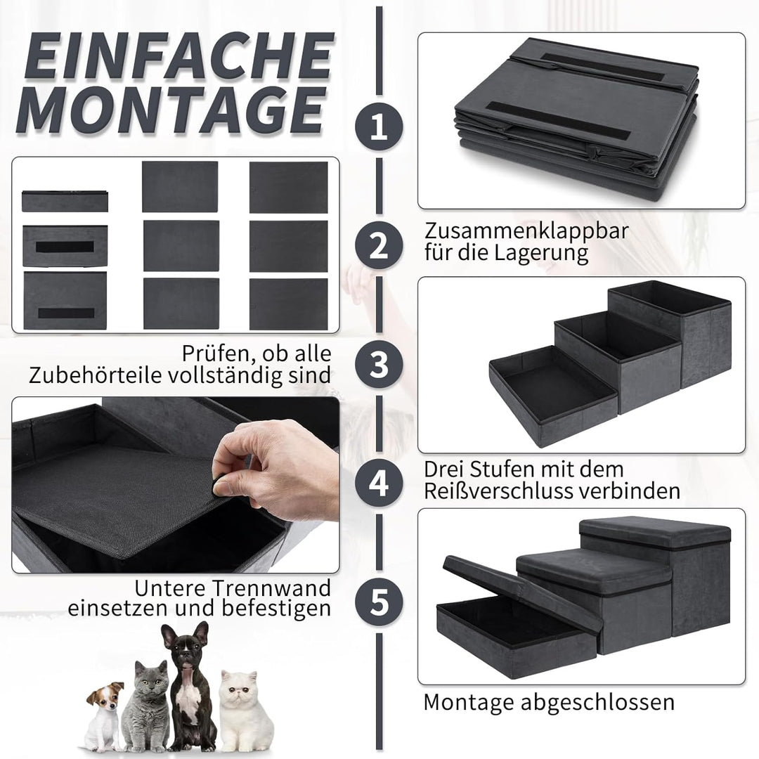 Haustiertreppe 3 Stufen Hundetreppe Zusammenklappbar mit Stauraum,Hundetreppe Bett für Betten,Sofas,