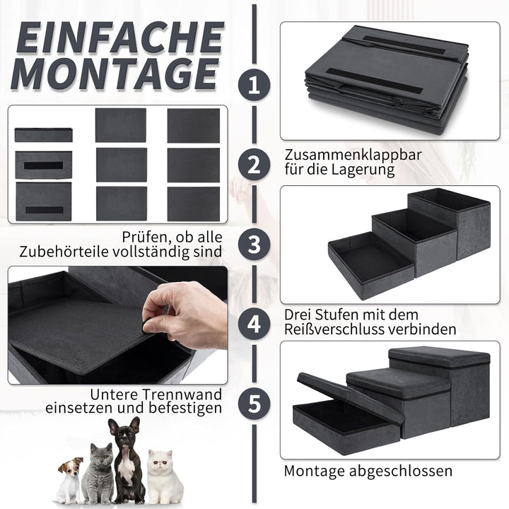 Haustiertreppe 3 Stufen Hundetreppe Zusammenklappbar mit Stauraum,Hundetreppe Bett für Betten,Sofas,