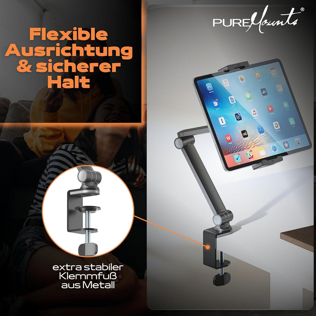 PureMounts® Tablet Tisch-Halterung, 4.7" bis 12.9" Tablets, 360° drehbar, bis zu 1kg Tragkraft, Sili