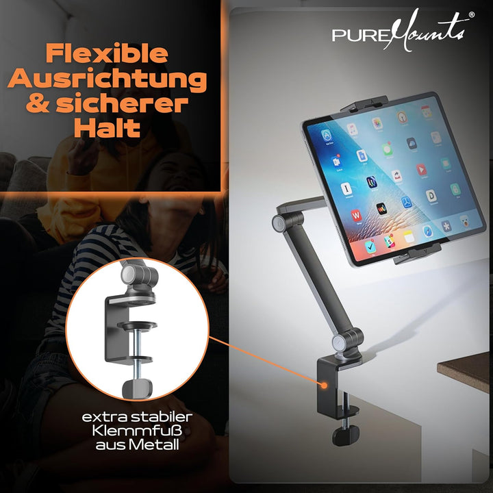 PureMounts® Tablet Tisch-Halterung, 4.7" bis 12.9" Tablets, 360° drehbar, bis zu 1kg Tragkraft, Sili