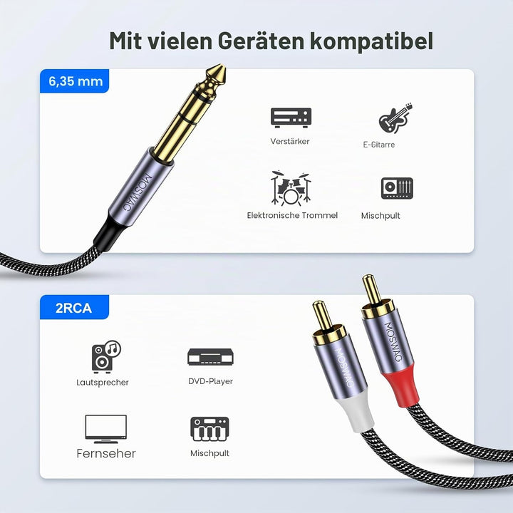 MOSWAG 6.35mm 1/4" TRS to Dual RCA Audio Cable, 6,35mm 1/4&
