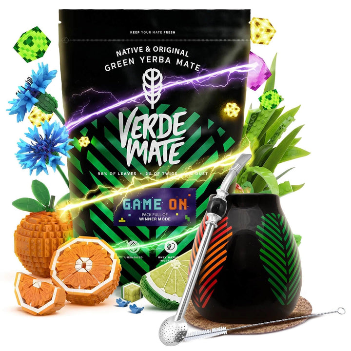 Mate Tee Set Verde Mate Game On 400g - mit Mate Becher 350ml, Bombilla und Zubehör - Brasilien Yerba